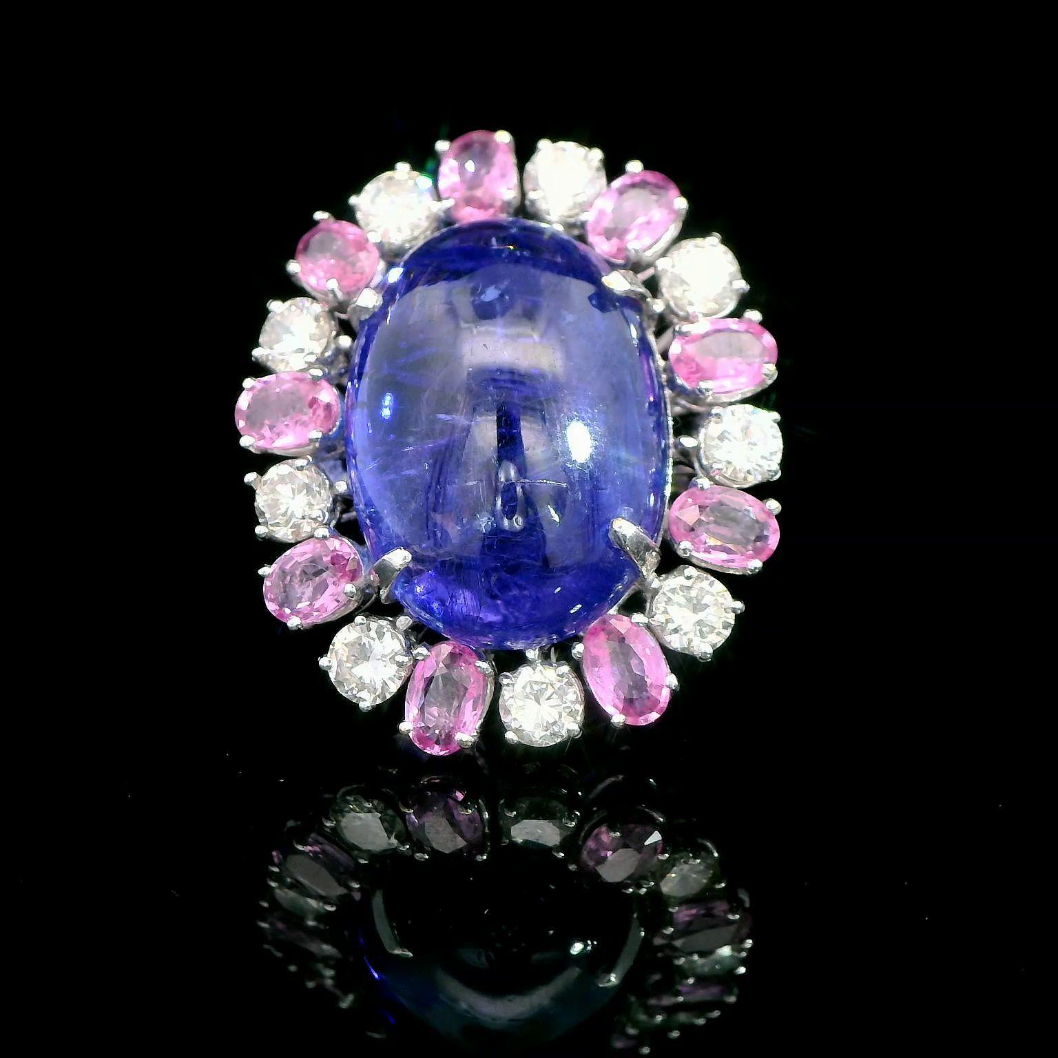 Cabochon 38.5 Carat Tanzanite, 5.2 Carat Pink Sapphire, 2.94 Carat Diamond 18K Gold Ring For Sale