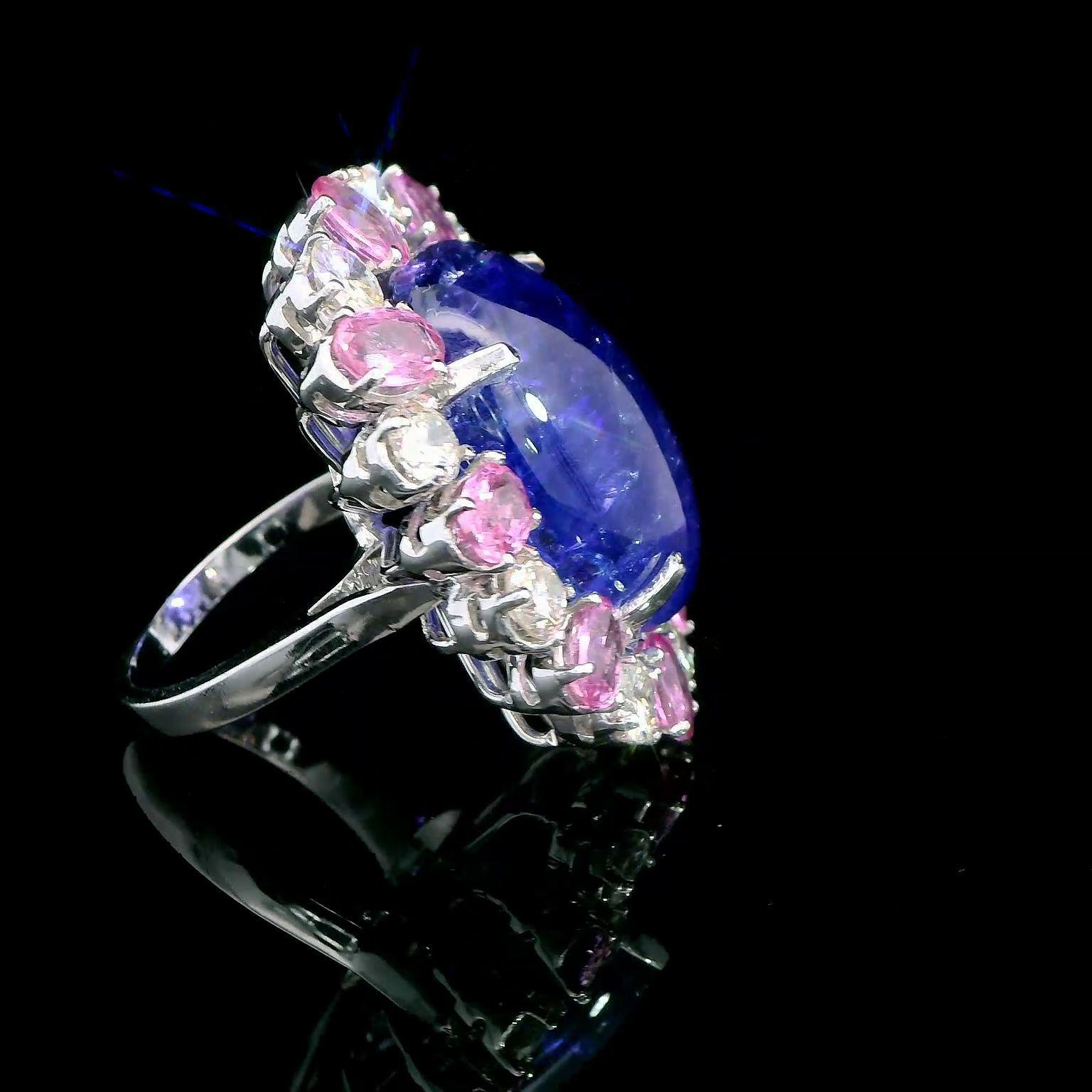Women's 38.5 Carat Tanzanite, 5.2 Carat Pink Sapphire, 2.94 Carat Diamond 18K Gold Ring For Sale