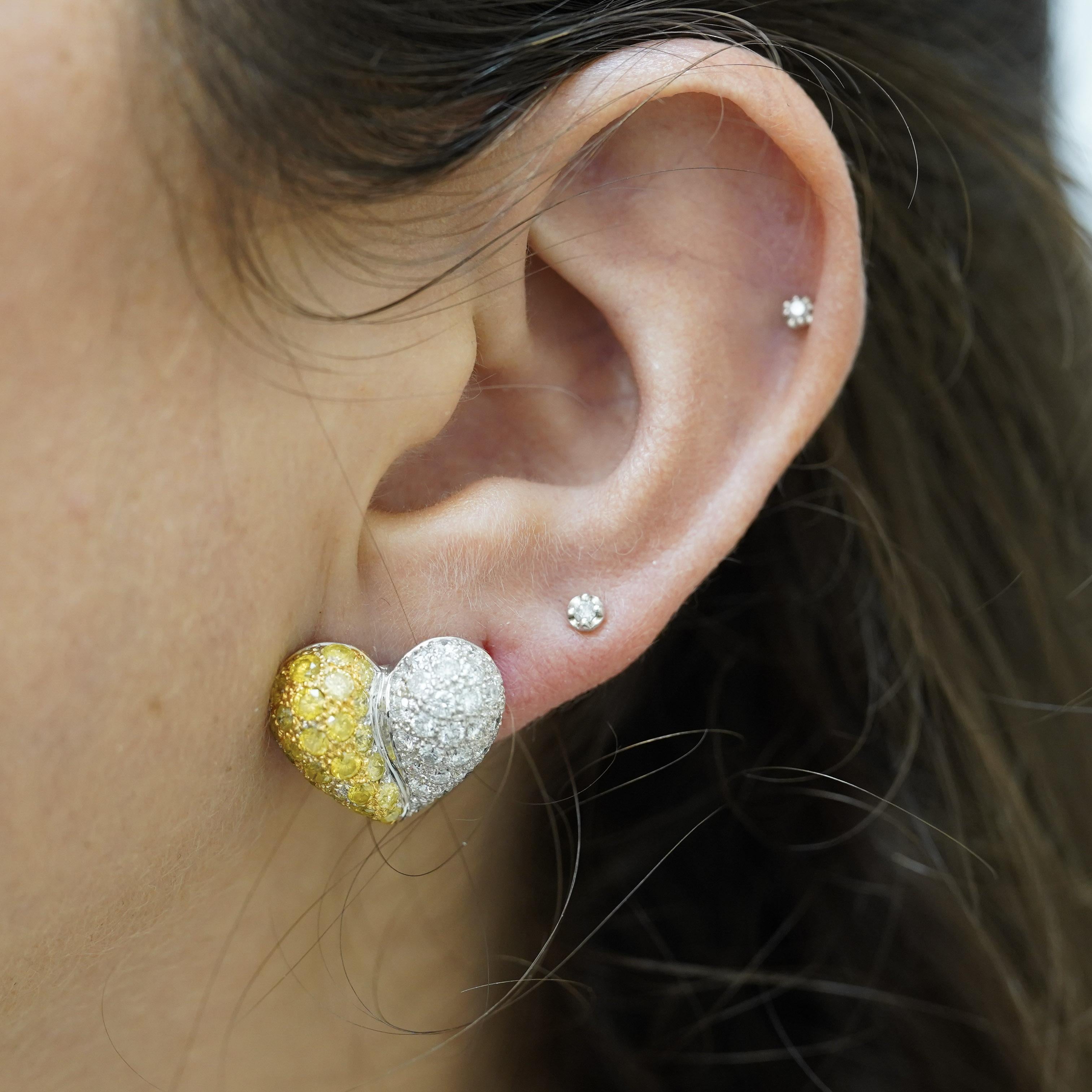 Modern 3.85 Carat Yellow & White Diamond 18K White Gold Pave Stud Heart Earring For Sale