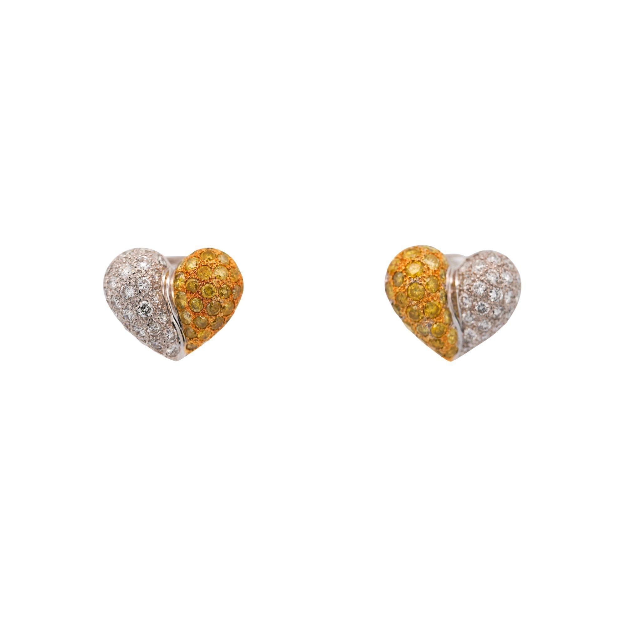 3.85 Carat Yellow & White Diamond 18K White Gold Pave Stud Heart Earring In Excellent Condition For Sale In Miami, FL