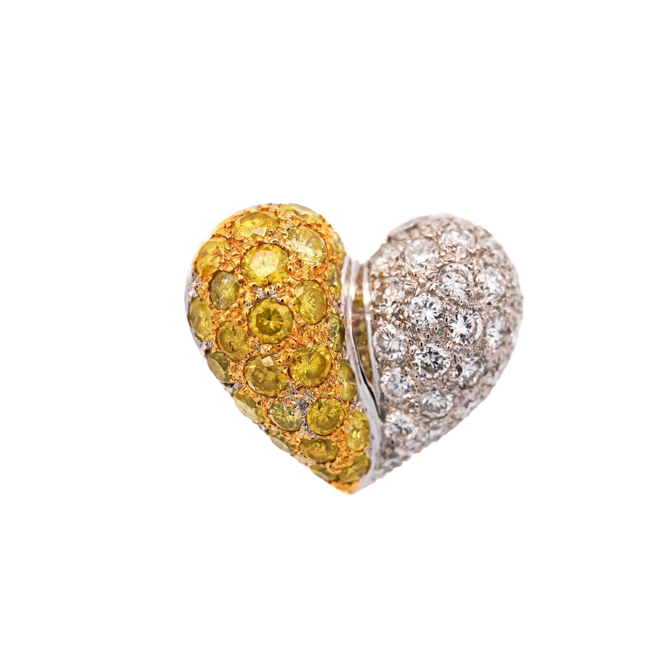Women's 3.85 Carat Yellow & White Diamond 18K White Gold Pave Stud Heart Earring For Sale