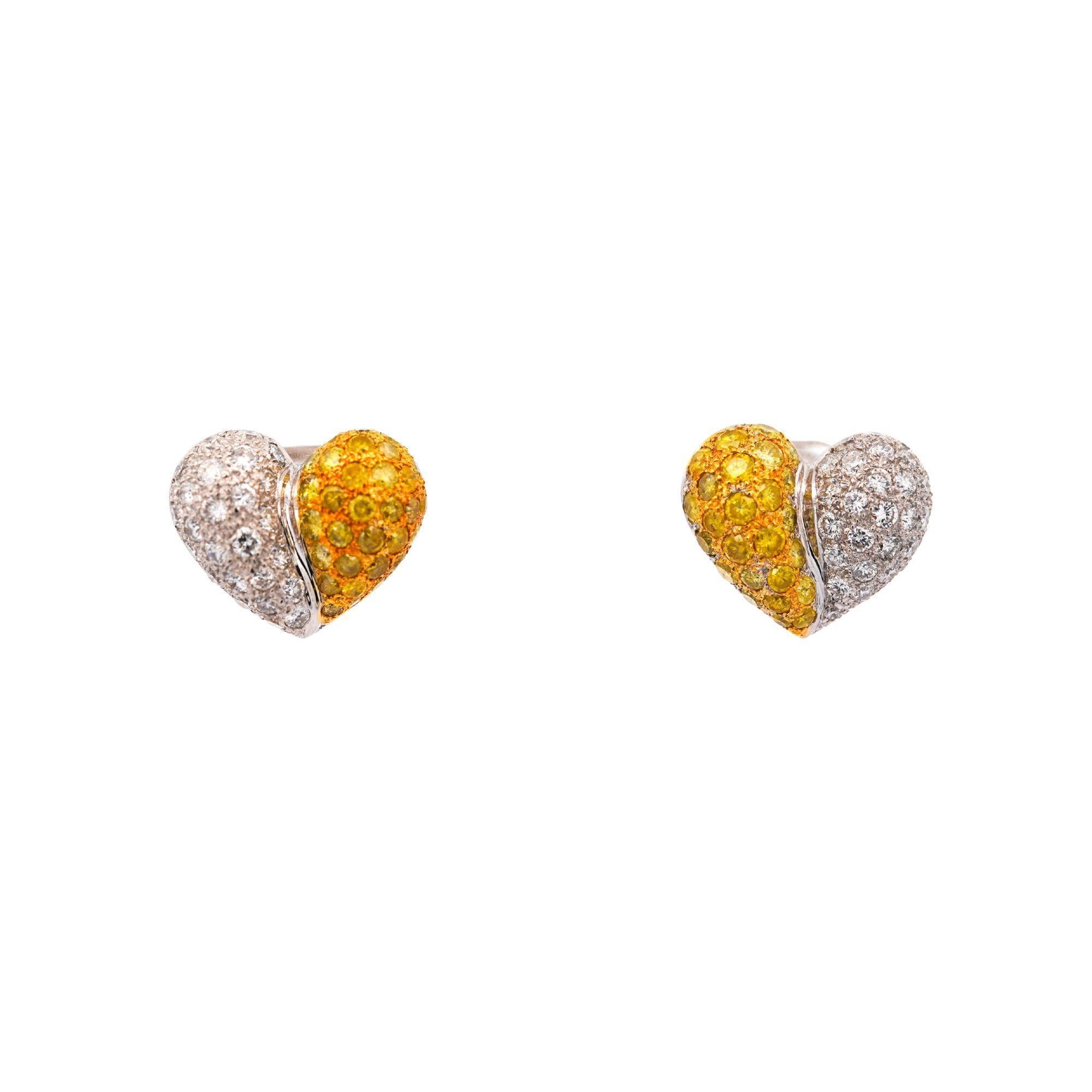 3.85 Carat Yellow & White Diamond 18K White Gold Pave Stud Heart Earring For Sale 1