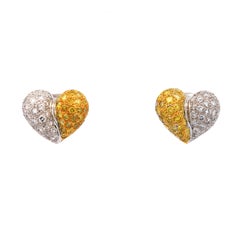3.85 Carat Yellow & White Diamond 18K White Gold Pave Stud Heart Earring