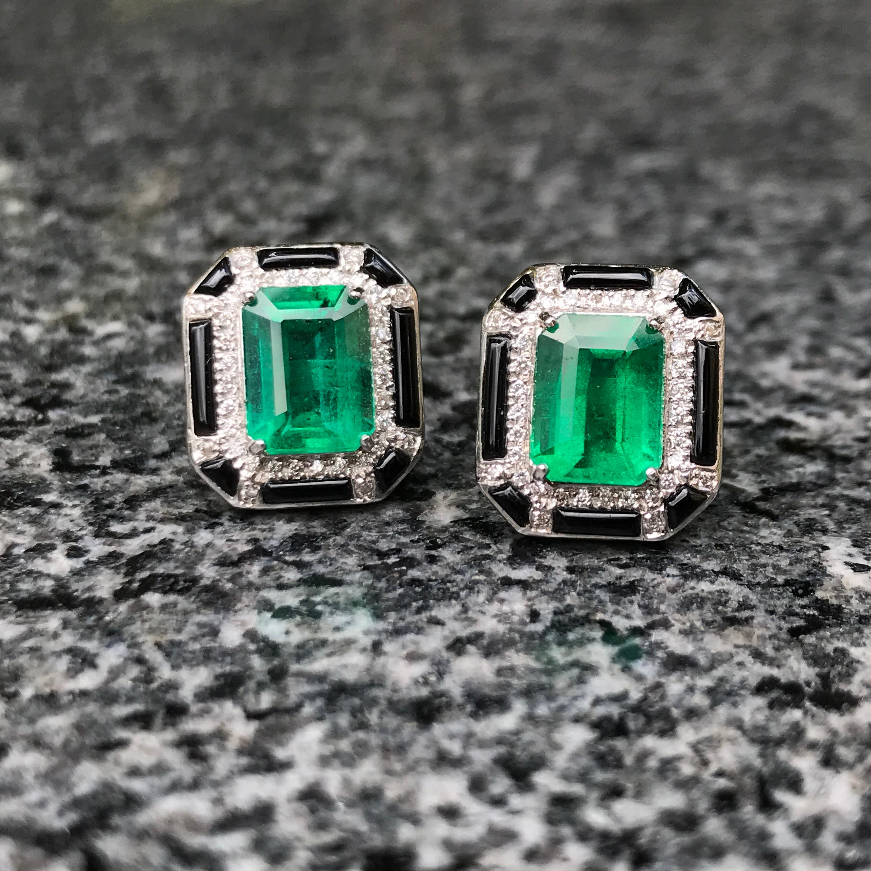 Emerald Cut 3.85 Carat Zambian Emerald and Diamond Stud Earring