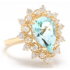 Bague en or jaune massif 14 carats avec aigue-marine naturelle magnifique de 3,85 carats et diamants