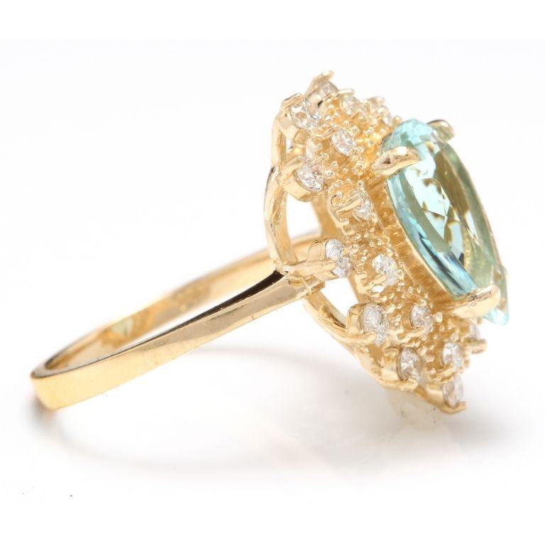 Rose Cut 3.85 Carat Natural Gorgeous Aquamarine and Diamond 14K Solid Yellow Gold Ring For Sale