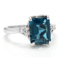 3.85 Carat Natural Impressive London Blue Topaz and Diamond 14K White Gold Ring