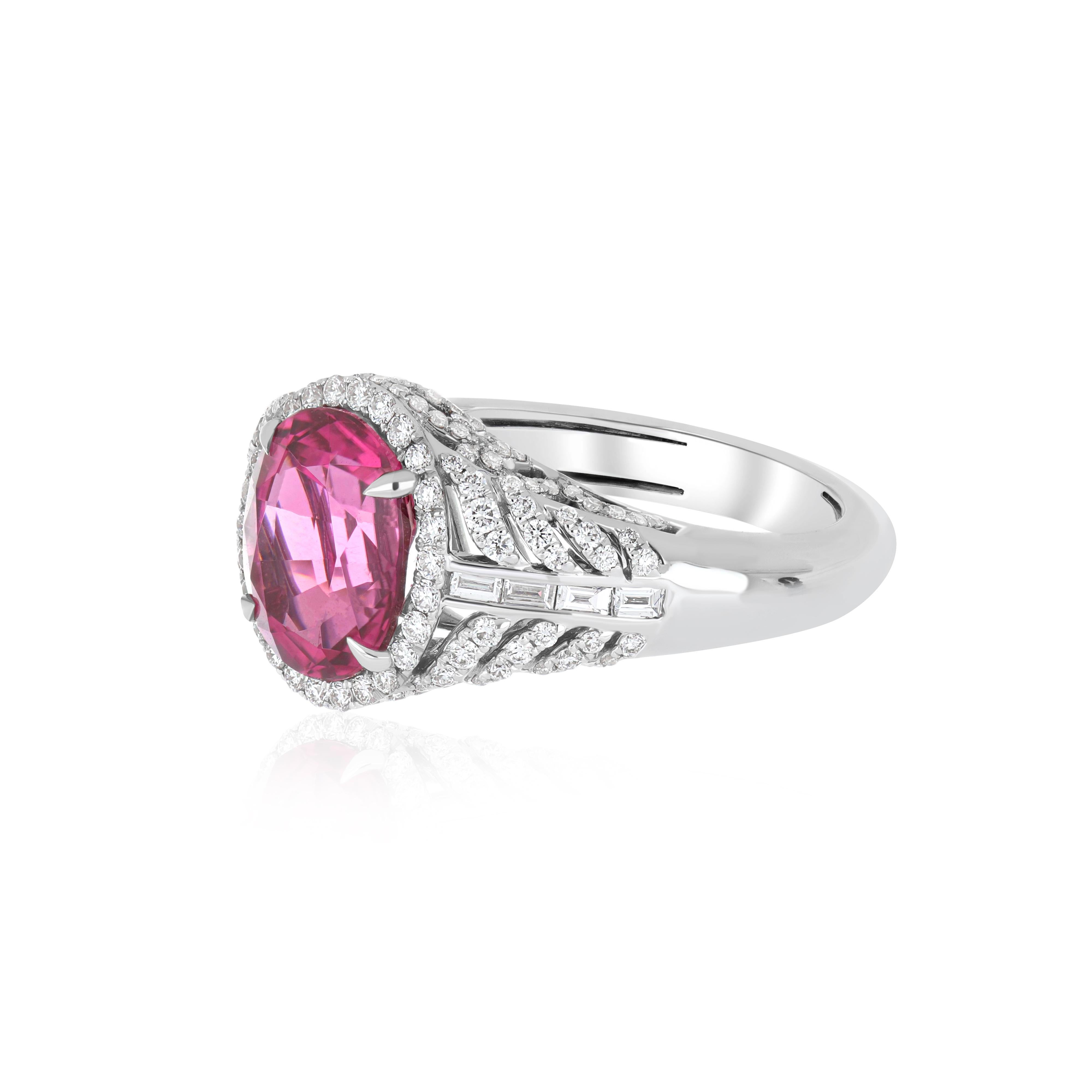 Oval Cut 3.85 Carats Rubellite and Diamond Studded Ring in 18K White Gold Ring For Sale