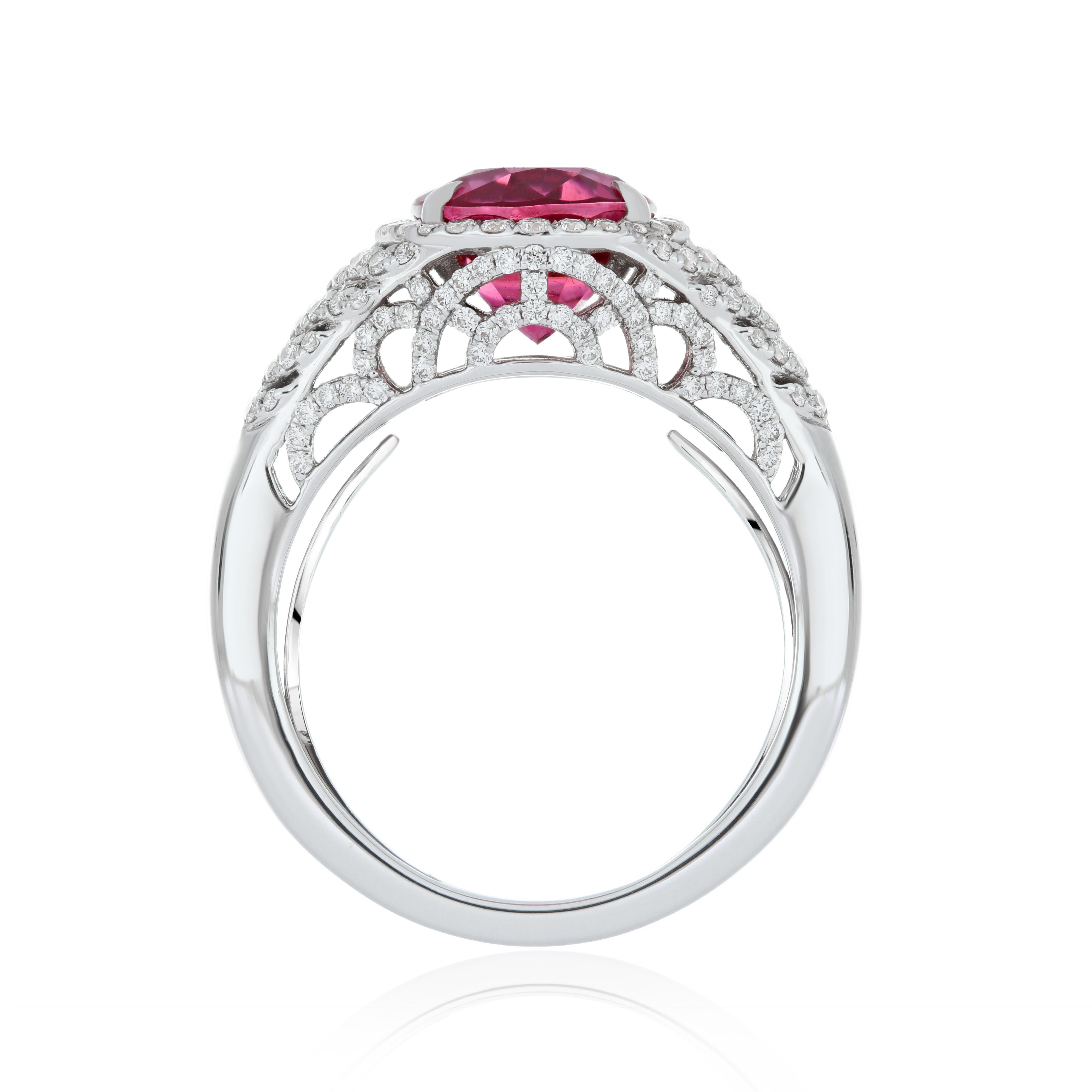 Women's 3.85 Carats Rubellite and Diamond Studded Ring in 18K White Gold Ring For Sale
