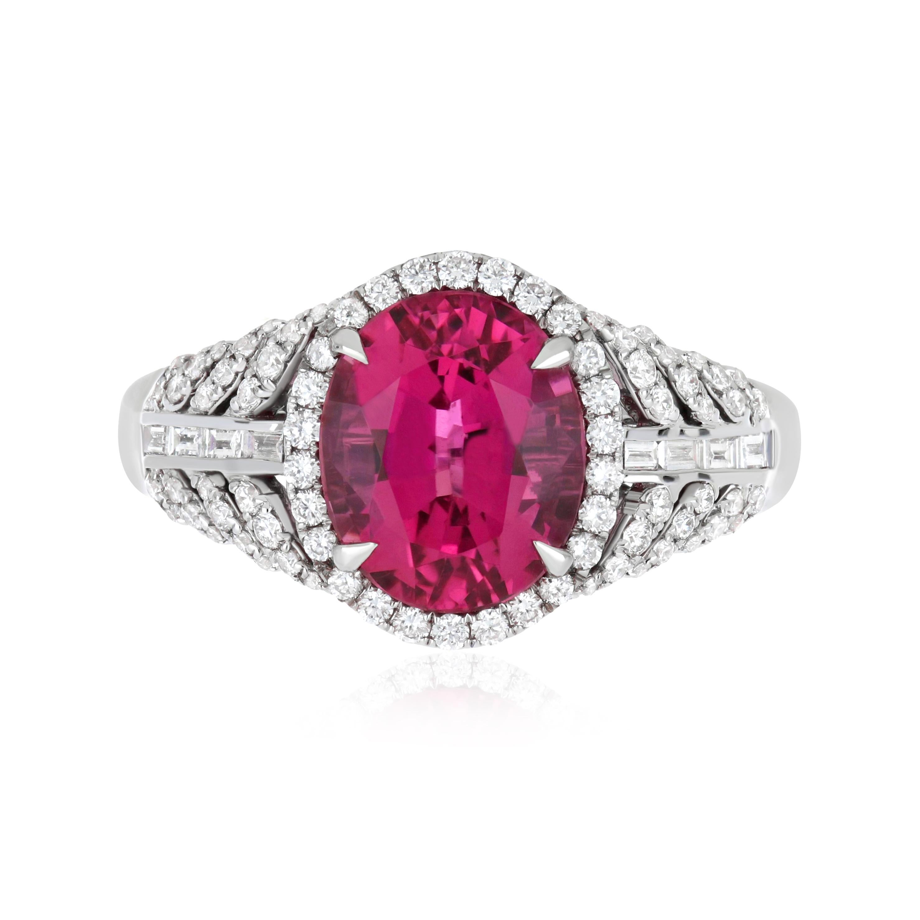 3.85 Carats Rubellite and Diamond Studded Ring in 18K White Gold Ring For Sale 1