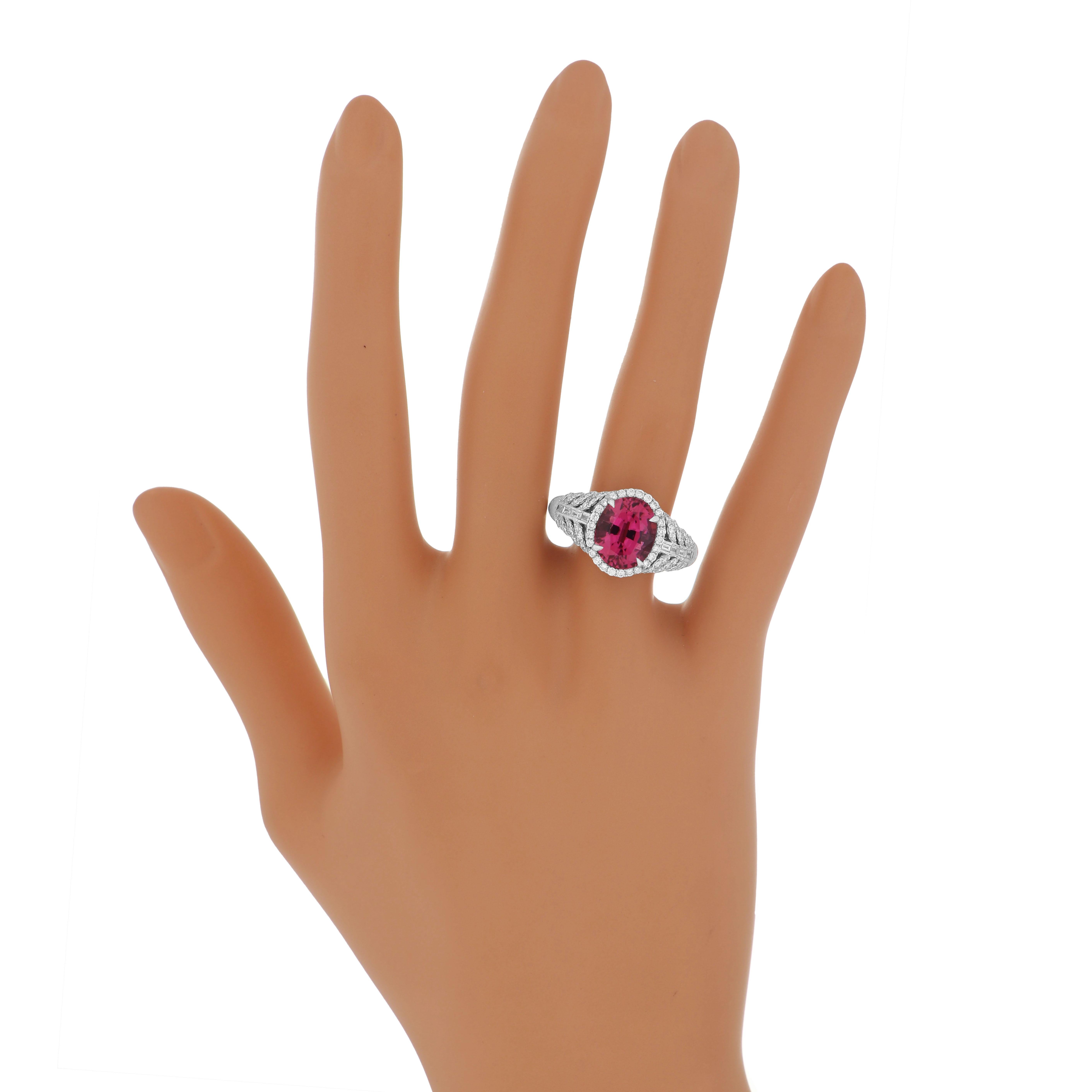 3.85 Carats Rubellite and Diamond Studded Ring in 18K White Gold Ring For Sale 3