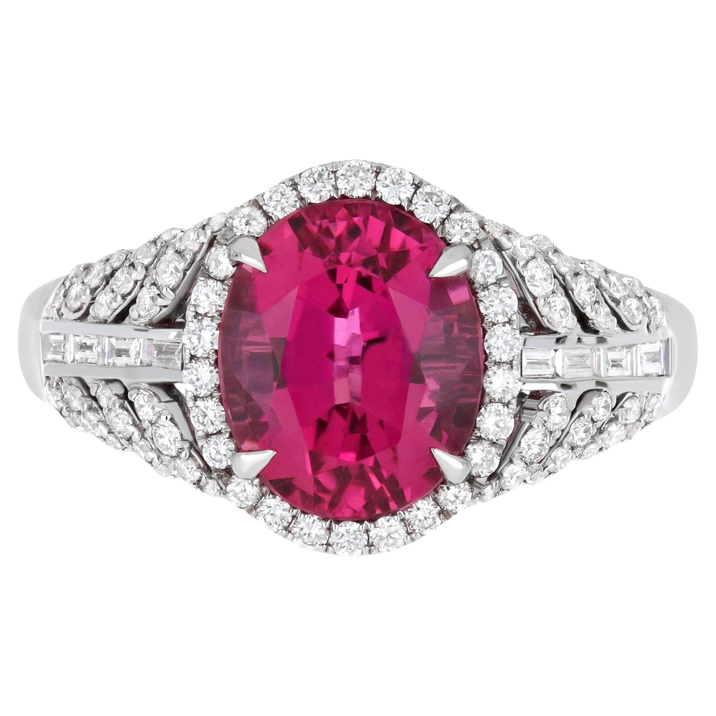 3.85 Carats Rubellite and Diamond Studded Ring in 18K White Gold Ring For Sale