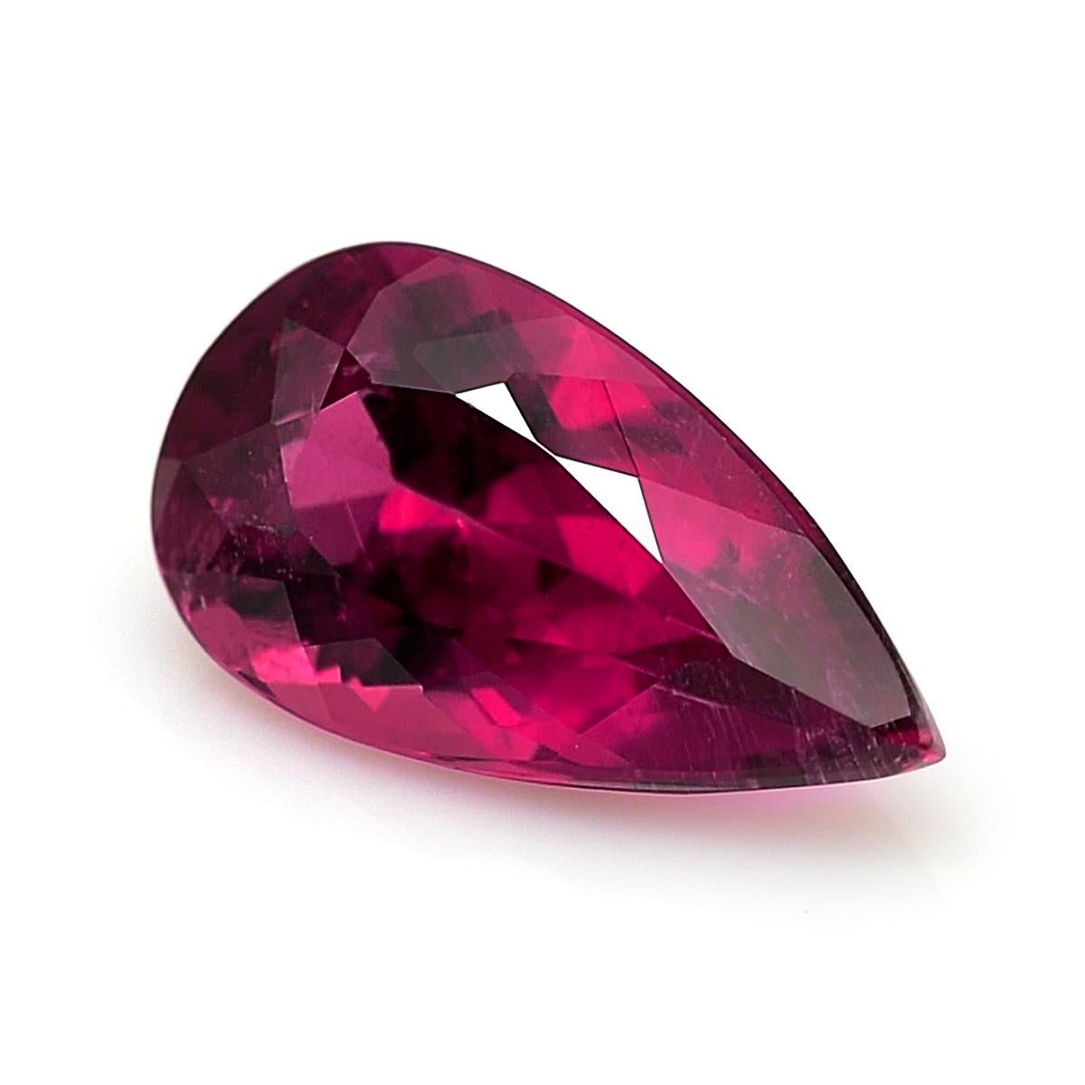 Identification: Natural Rubellite 3.85 carats 

Carat: 3.85 carats
Shape: Pear Shape
Measurements:  14.7 x 8 mm 
Cut: Brilliant/Step
Color: Pink
Clarity: very eye clean

Presenting a captivating natural Rubellite gemstone, weighing 3.85 carats and