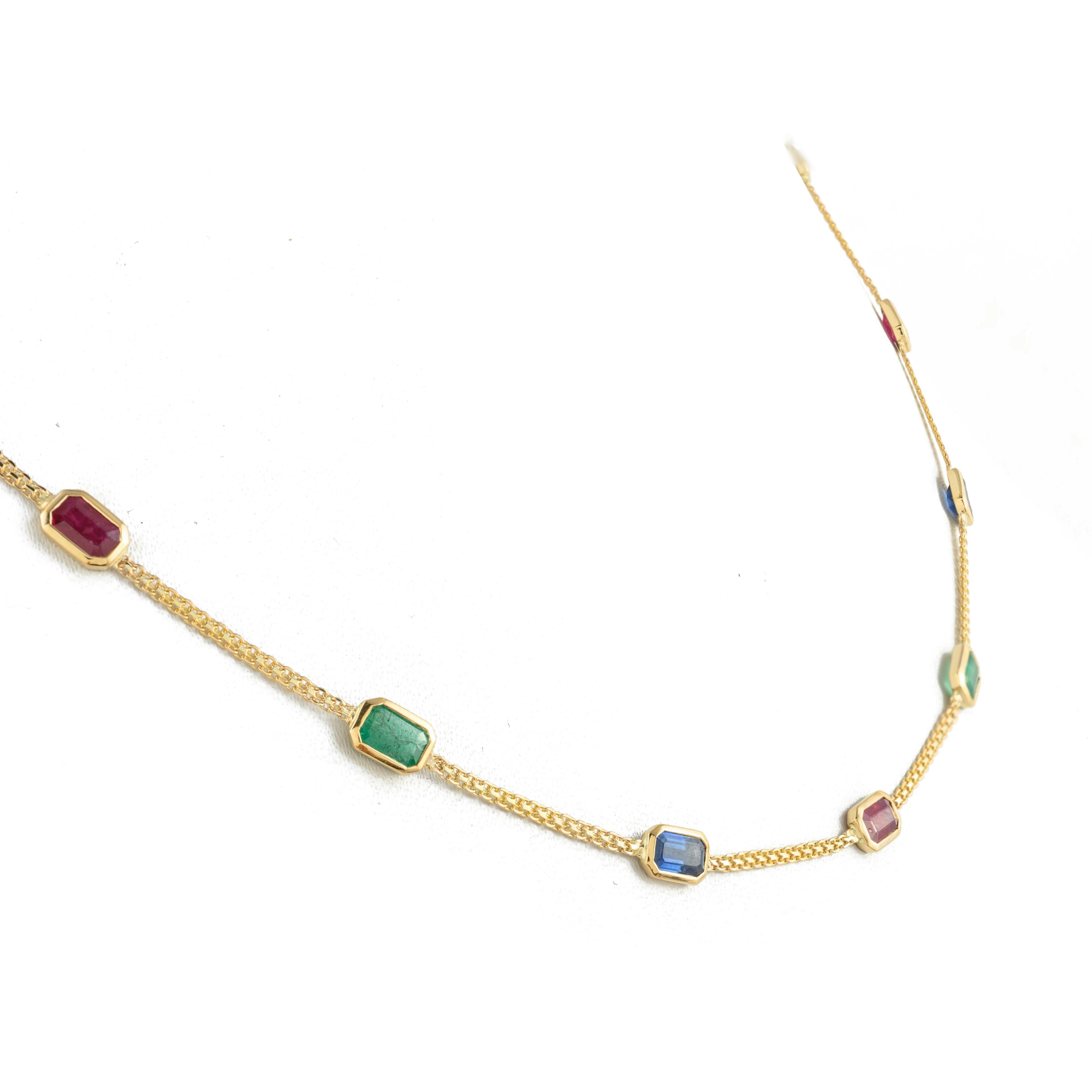Contemporary Emerald Ruby Sapphire Choker Necklace 18k Solid Yellow Gold, Grandma Gift For Sale