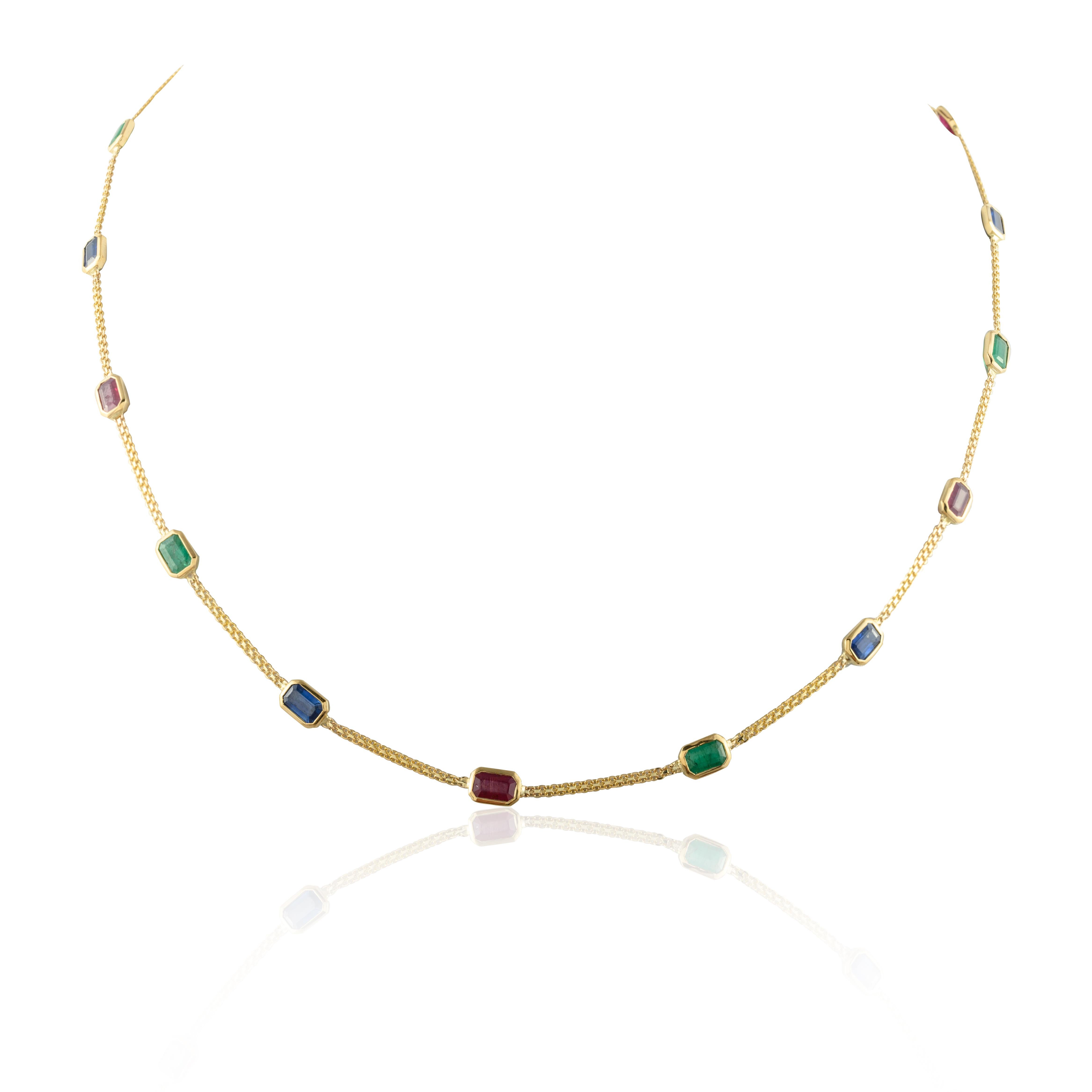 Emerald Ruby Sapphire Choker Necklace 18k Solid Yellow Gold, Grandma Gift In New Condition For Sale In Houston, TX