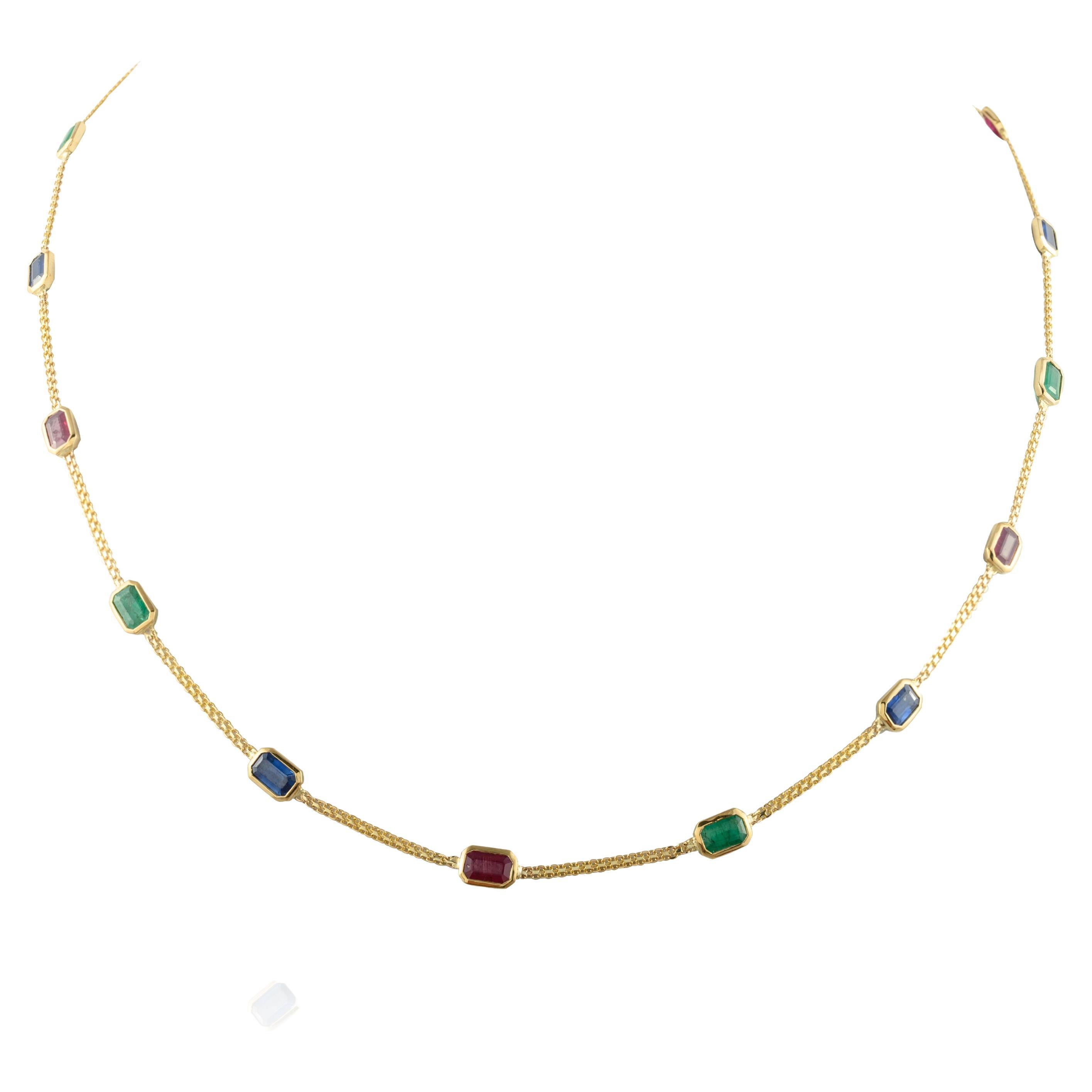 Emerald Ruby Sapphire Choker Necklace 18k Solid Yellow Gold, Grandma Gift For Sale