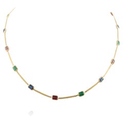 Choker-Halskette aus 18 Karat massivem Gelbgold mit Smaragd, Rubin, Saphir und Saphir, Grandma Gift