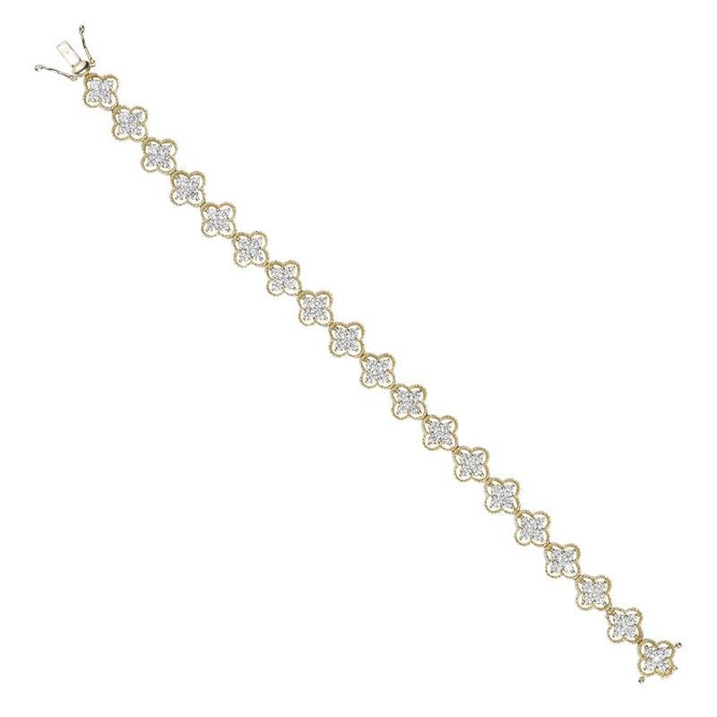 Vue d'ensemble :
Le bracelet floral de la Collection S est une pièce époustouflante et élégante, dotée de 3,85 carats de diamants ronds sertis dans de l'or jaune 14K. Ce bracelet allie l'éclat radieux de l'or jaune à la brillance des diamants ronds,