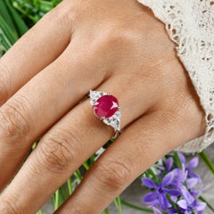 3.85 TCW Oval Natural Ruby Diamond Wedding Ring 18k White Gold