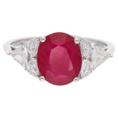 3.85 TCW Oval Natural Ruby Diamond Wedding Ring 18k White Gold