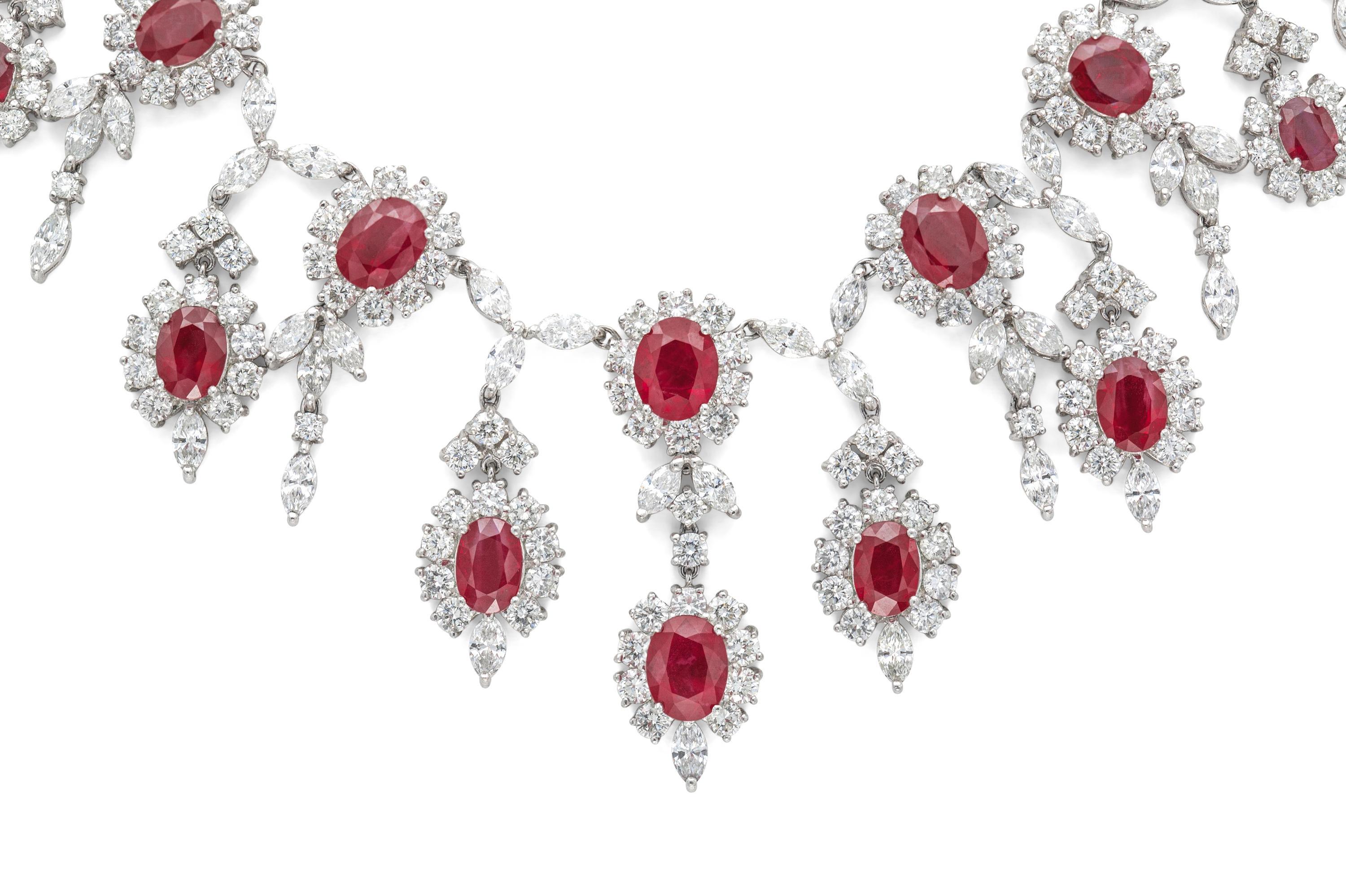 Finely crafted in platinum with 16 Oval cut Rubies weighing a total of 38.52 carats, and Marquise and Round Brilliant cut Diamonds weighing a total of 39.26 carats.
16 inches long