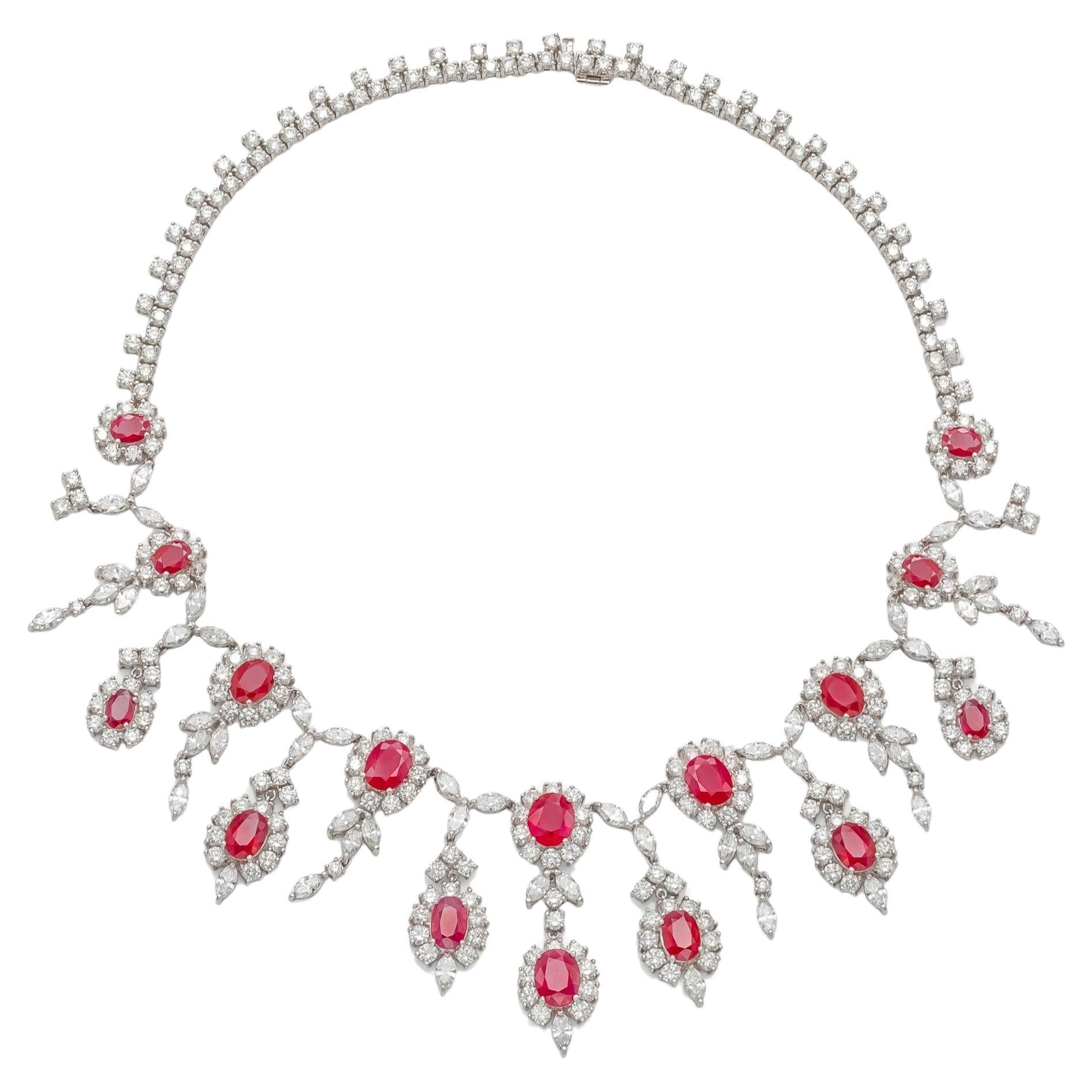 38.52 Carat Oval Rubies and 39.26 Carat Diamonds Necklace For Sale