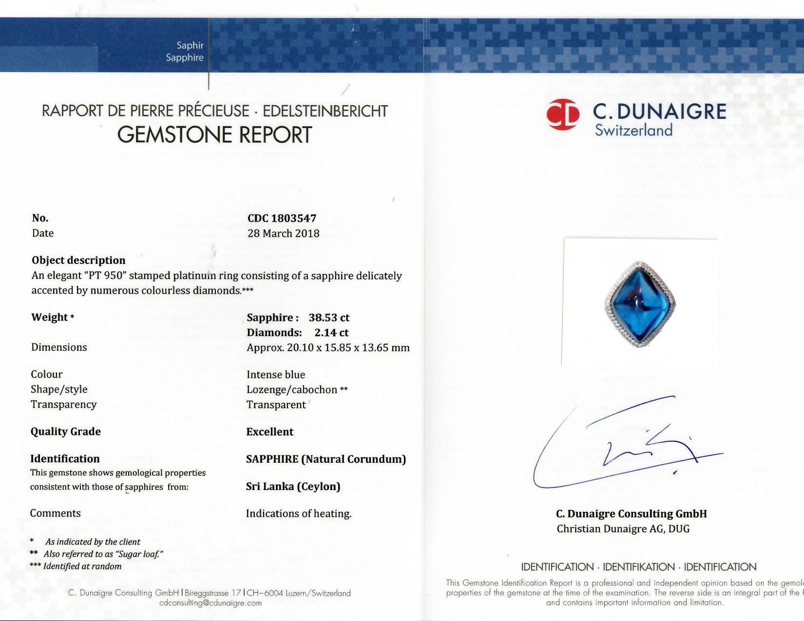Modern Certified 38.53 Carat Sugarloaf Sapphire Diamond Ring For Sale