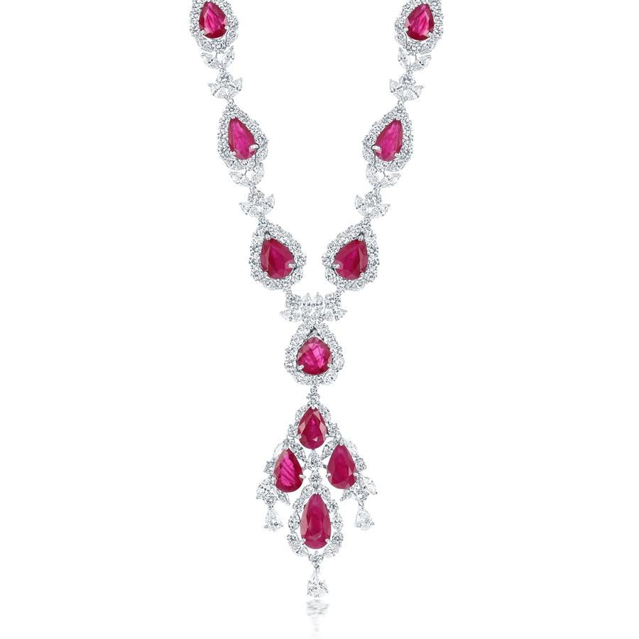 Pear Cut 38.59 Carat Pear shape Burma Ruby and Diamond Necklace in Platinum For Sale