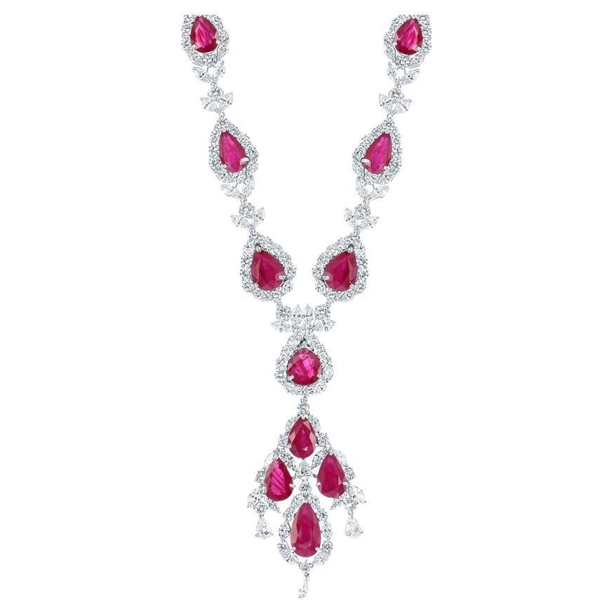38.59 Carat Pear shape Burma Ruby and Diamond Necklace in Platinum For Sale