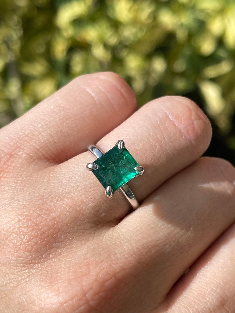 3.85ct 14K Emerald Cut Solitaire Ring - Deep Green North-South White Gold Prong For Sale 5