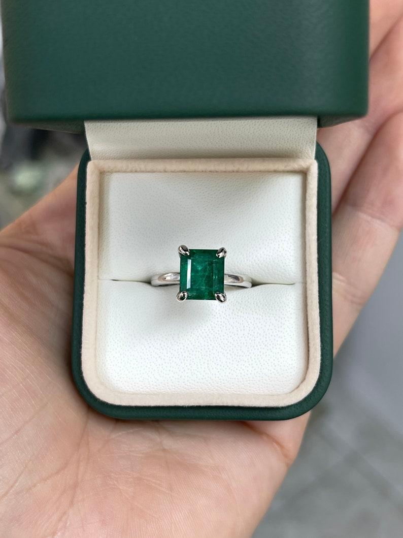 Modern 3.85ct 14K Emerald Cut Solitaire Ring - Deep Green North-South White Gold Prong For Sale