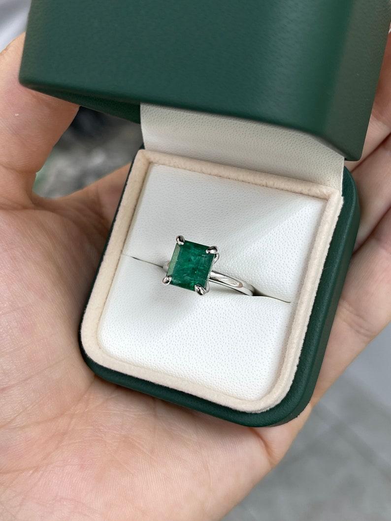 3.85ct 14K Emerald Cut Solitaire Ring - Deep Green North-South White Gold Prong In New Condition For Sale In Jupiter, FL
