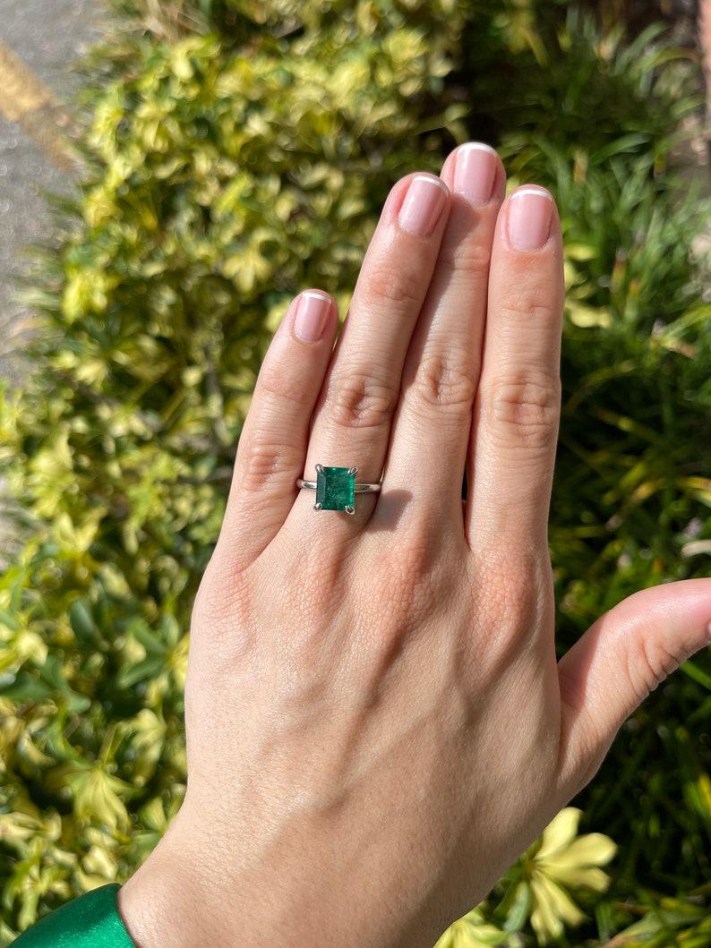 3.85ct 14K Emerald Cut Solitaire Ring - Deep Green North-South White Gold Prong For Sale 1