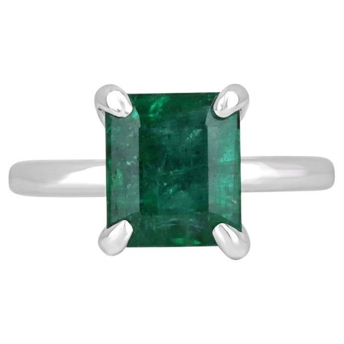 3.85ct 14K Emerald Cut Solitaire Ring - Deep Green North-South White Gold Prong