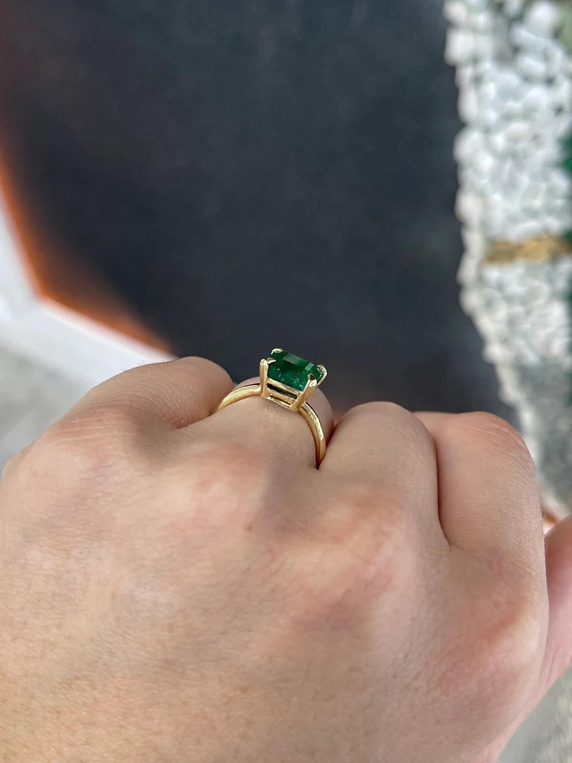 Modern 3.85ct 14K Solitaire Deep Dark Green Asscher Cut Emerald 4 Prong Statement Ring For Sale