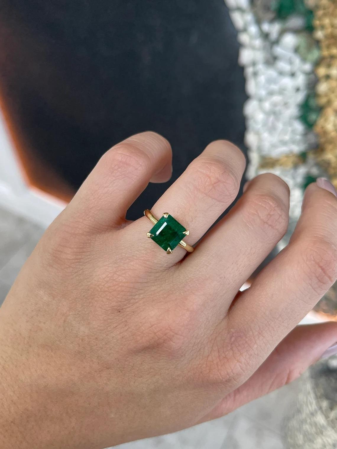 3.85ct 14K Solitaire Deep Dark Green Asscher Cut Emerald 4 Prong Statement Ring In New Condition For Sale In Jupiter, FL