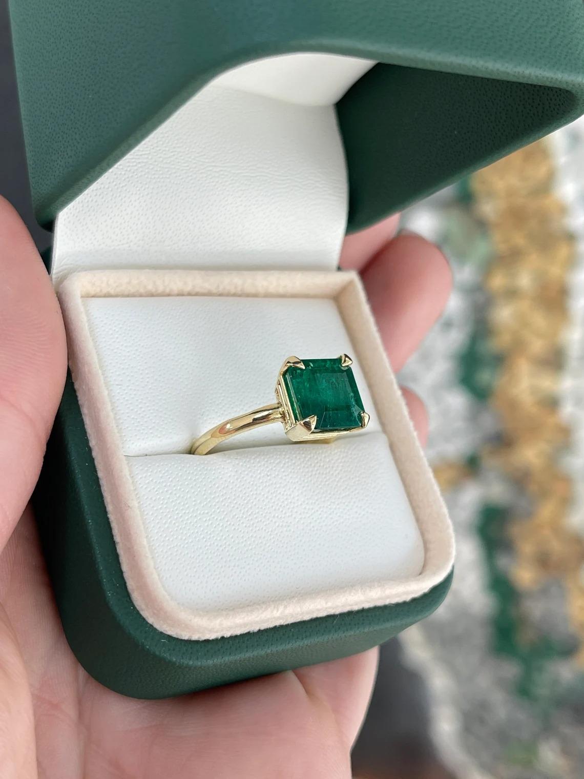 3.85ct 14K Solitaire Deep Dark Green Asscher Cut Emerald 4 Prong Statement Ring For Sale 1