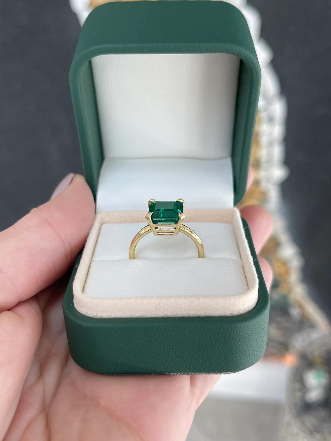 3.85ct 14K Solitaire Deep Dark Green Asscher Cut Emerald 4 Prong Statement Ring For Sale 2