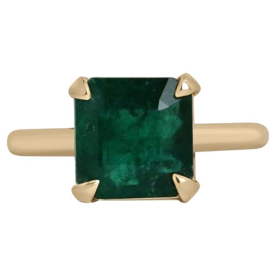 3.85ct 14K Solitaire Deep Dark Green Asscher Cut Emerald 4 Prong Statement Ring For Sale