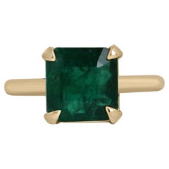 3.85ct 14K Solitaire Deep Dark Green Asscher Cut Emerald 4 Prong Statement Ring