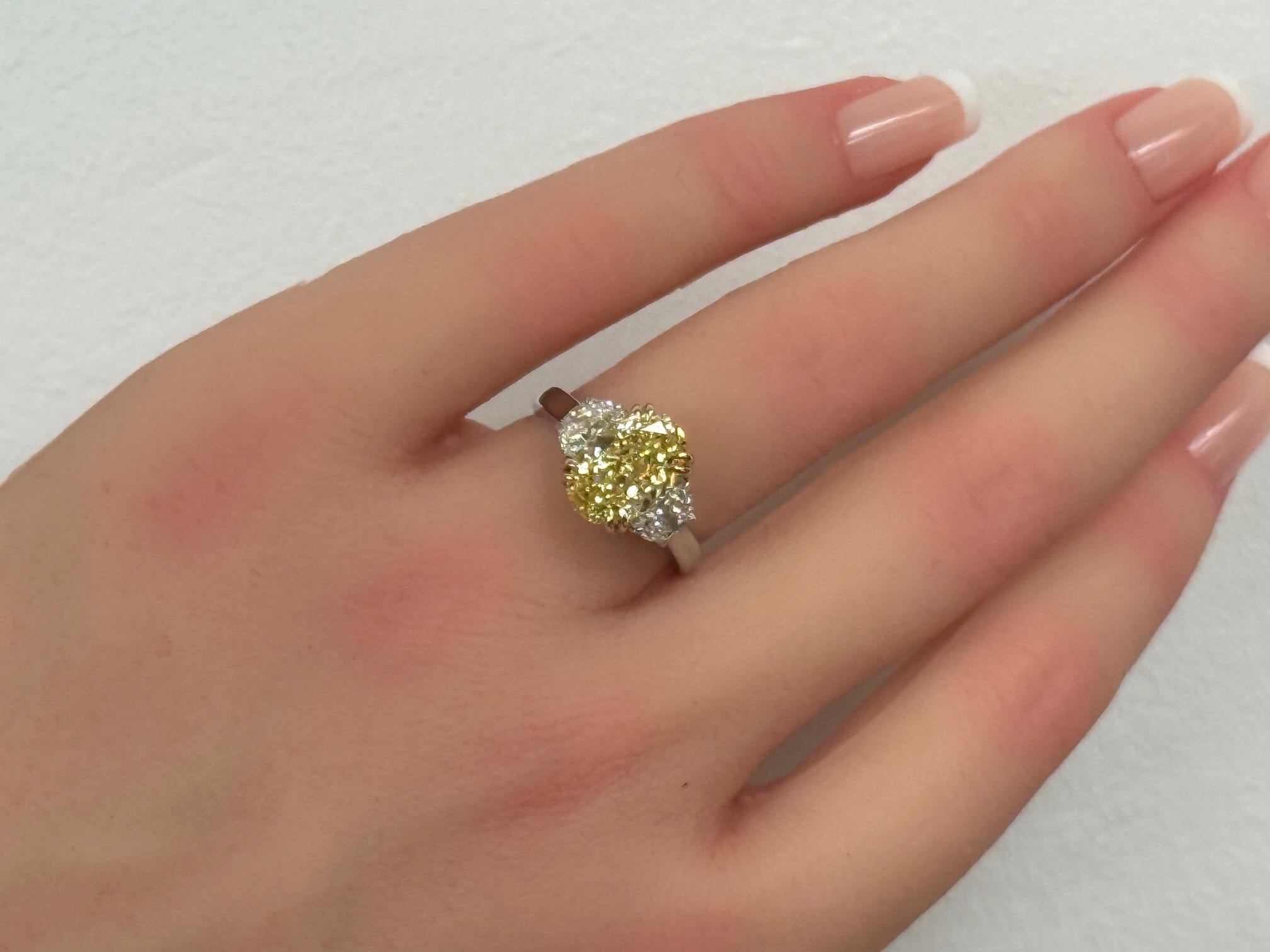 3.81ct. Fancy Yellow Oval-Cut Diamond & Half Moon Diamond Ring in 18KY Gold & PT For Sale 5