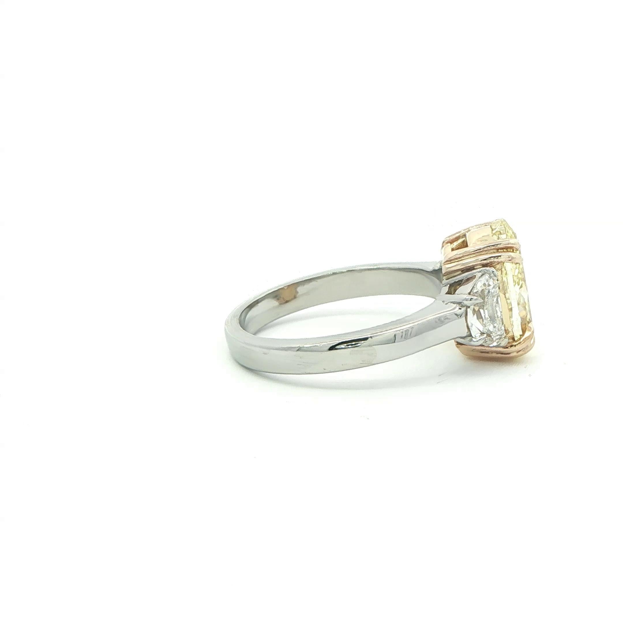 Oval Cut 3.81ct. Fancy Yellow Oval-Cut Diamond & Half Moon Diamond Ring in 18KY Gold & PT For Sale