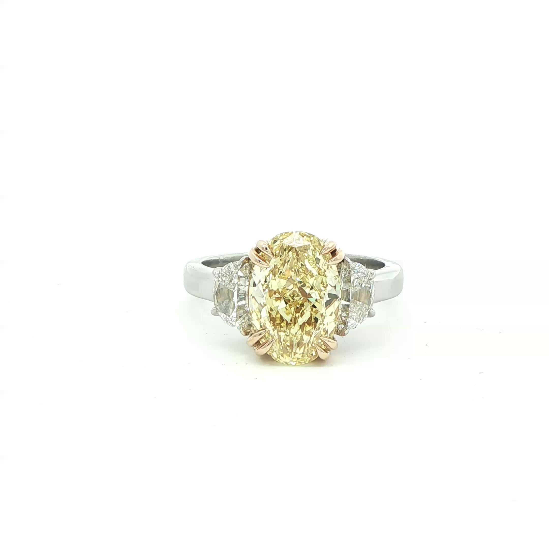 3.81ct. Fancy Yellow Oval-Cut Diamond & Half Moon Diamond Ring in 18KY Gold & PT In New Condition For Sale In San Francisco, CA
