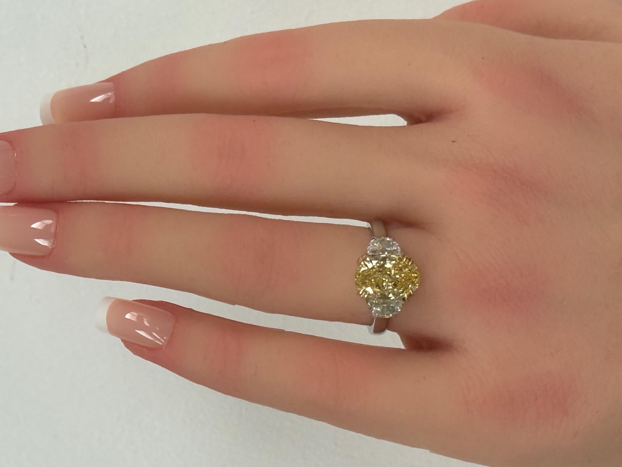 3.81ct. Fancy Yellow Oval-Cut Diamond & Half Moon Diamond Ring in 18KY Gold & PT For Sale 1