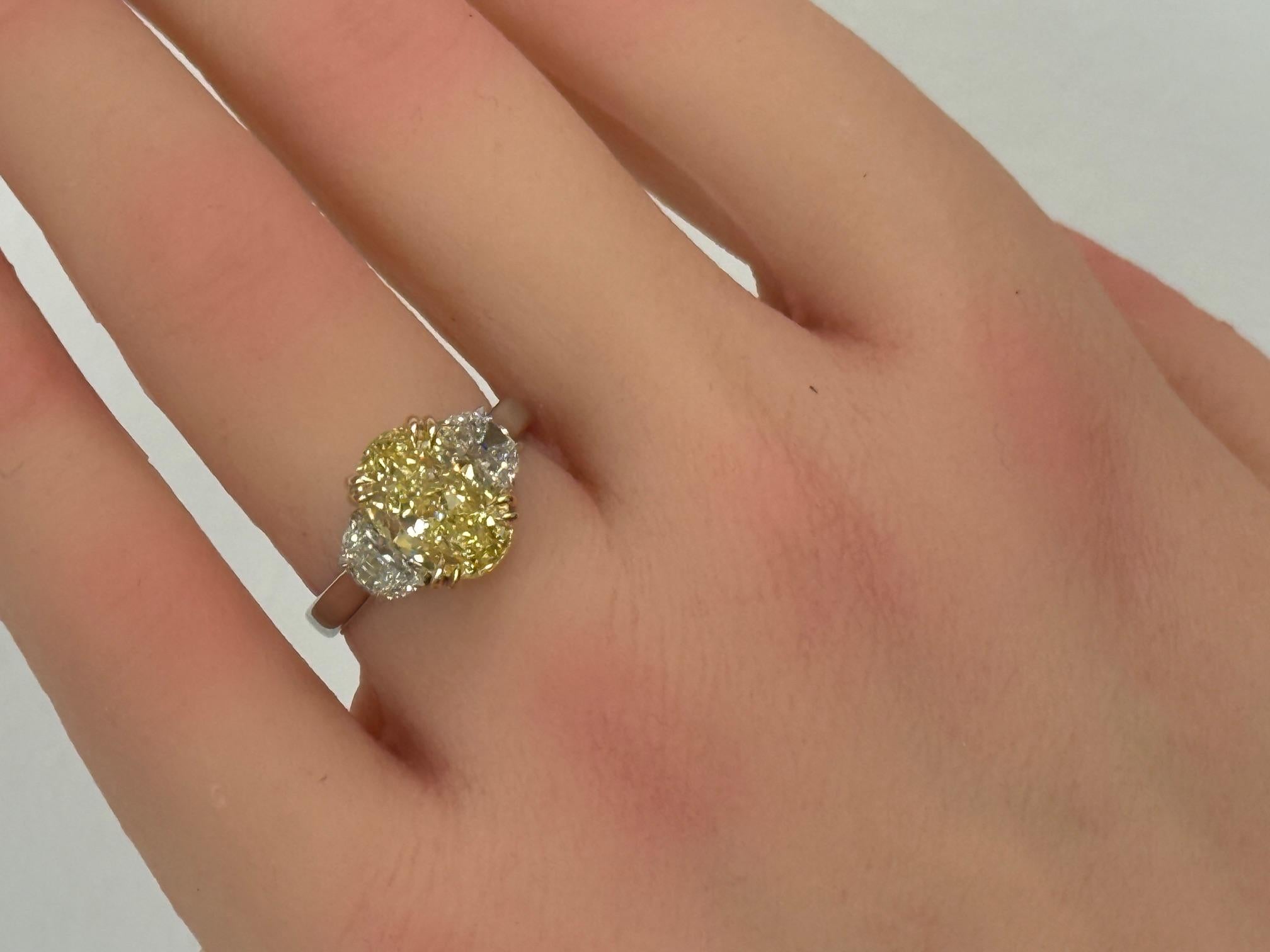 3.81ct. Fancy Yellow Oval-Cut Diamond & Half Moon Diamond Ring in 18KY Gold & PT For Sale 2
