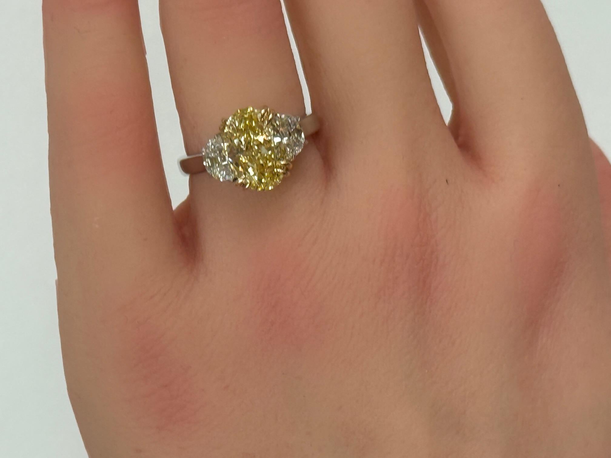 3.81ct. Fancy Yellow Oval-Cut Diamond & Half Moon Diamond Ring in 18KY Gold & PT For Sale 3