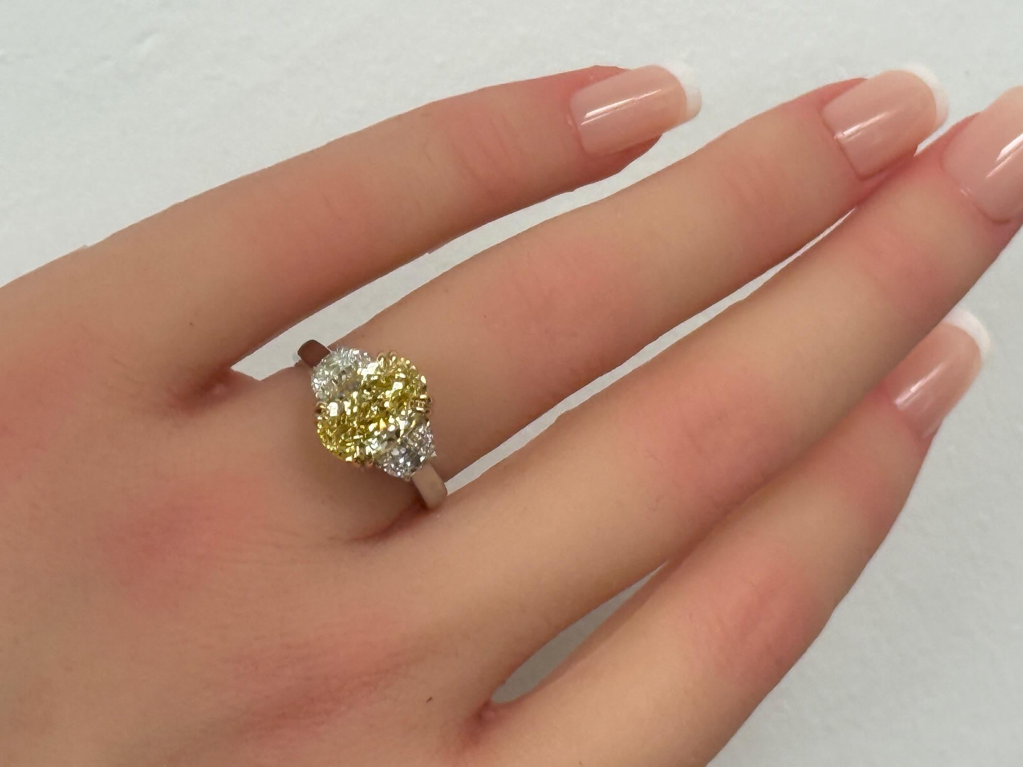 3.81ct. Fancy Yellow Oval-Cut Diamond & Half Moon Diamond Ring in 18KY Gold & PT For Sale 4