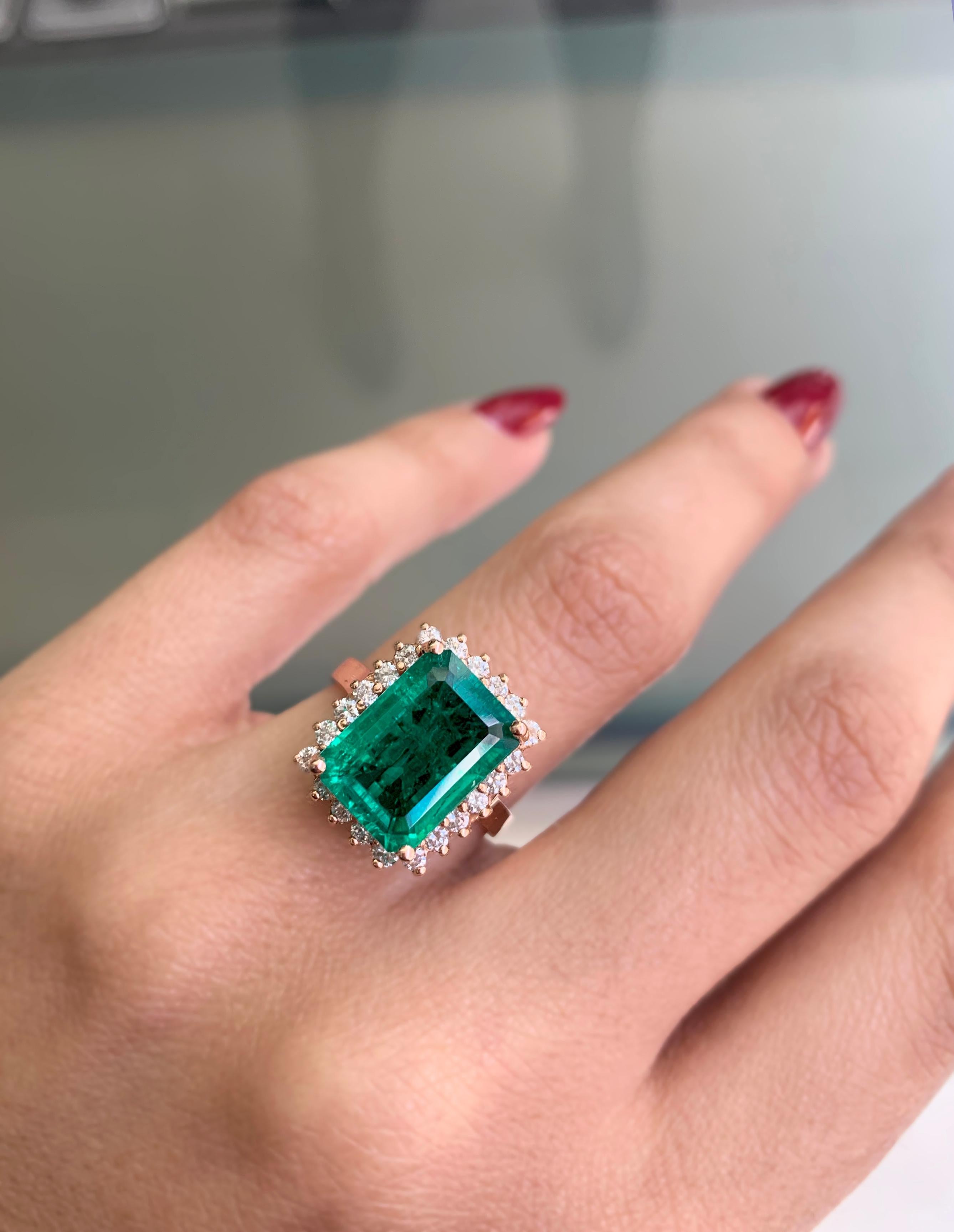 Modernist 3.85 Carat Gilson Emerald Cut Emerald and Diamonds 14 Carat Rose Gold Ring