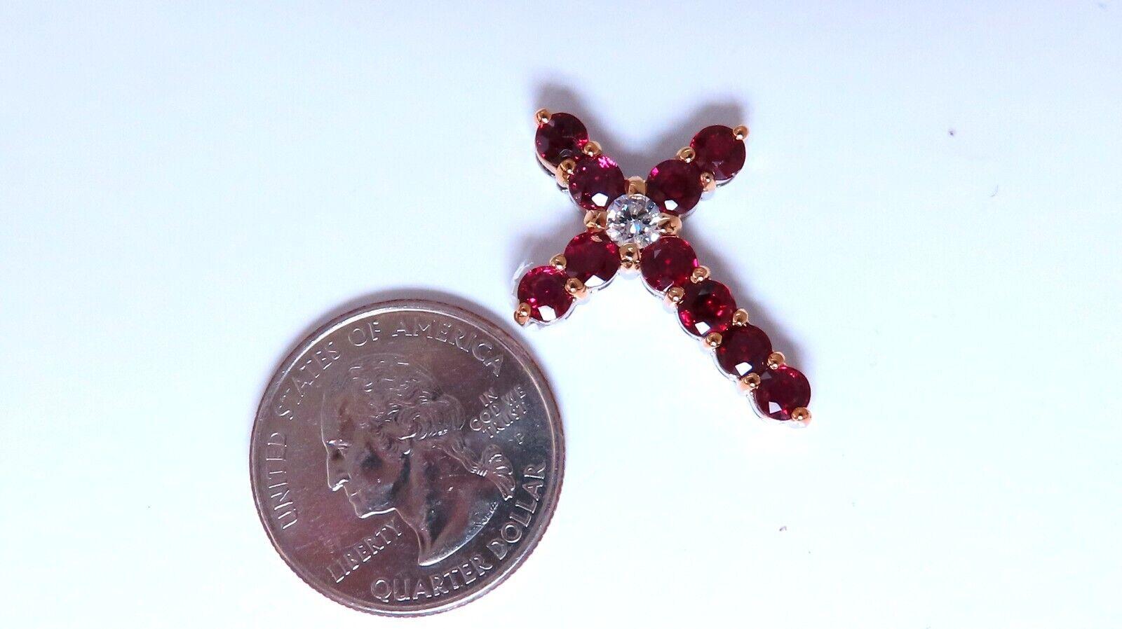 Round Cut 3.85ct Natural Ruby Diamond Cross 14 Karat Gold 15 inch For Sale