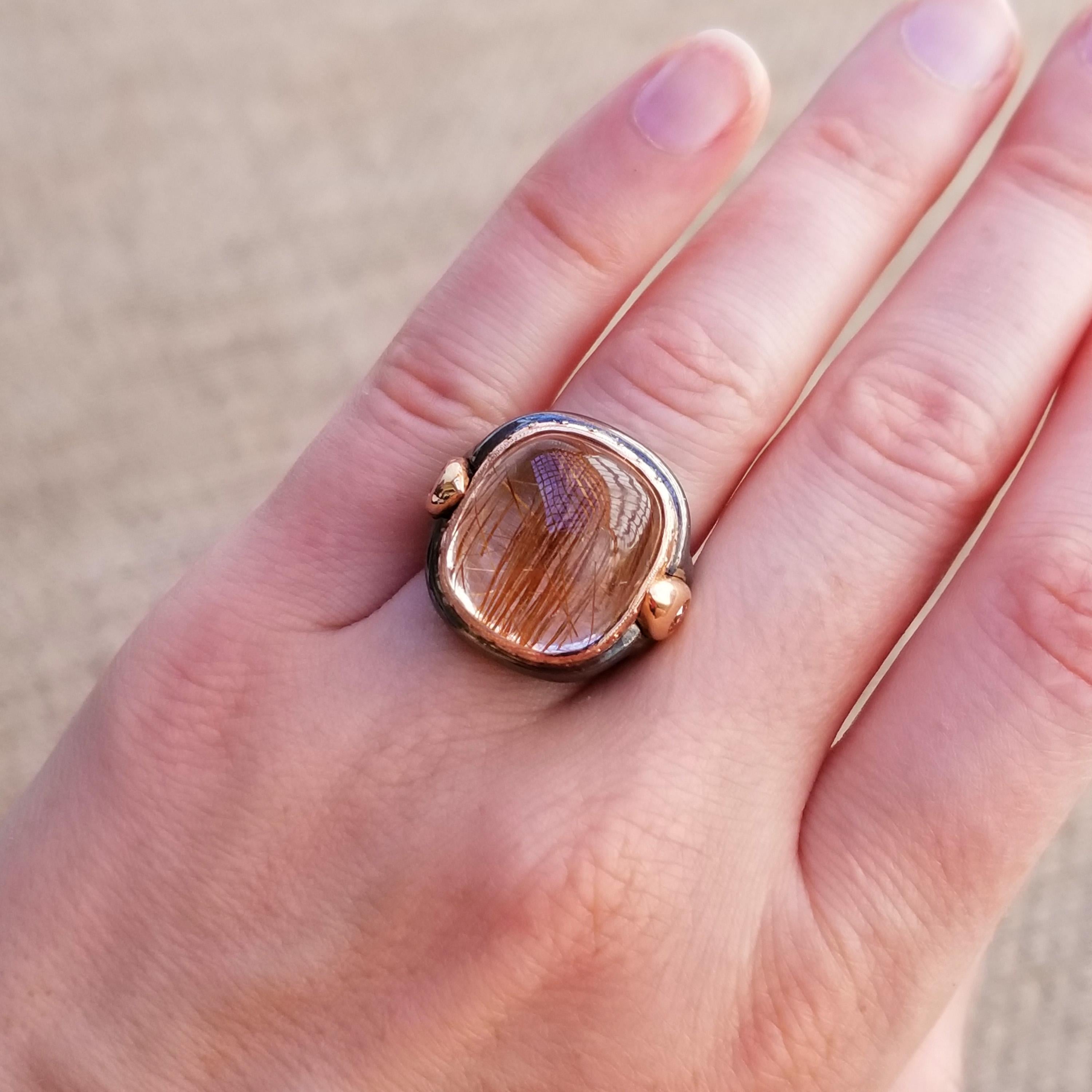 Cabochon 38.5ct Rutillated Quartz and Cognac Diamond 18kt Engraved Ring by Dan Peligrad